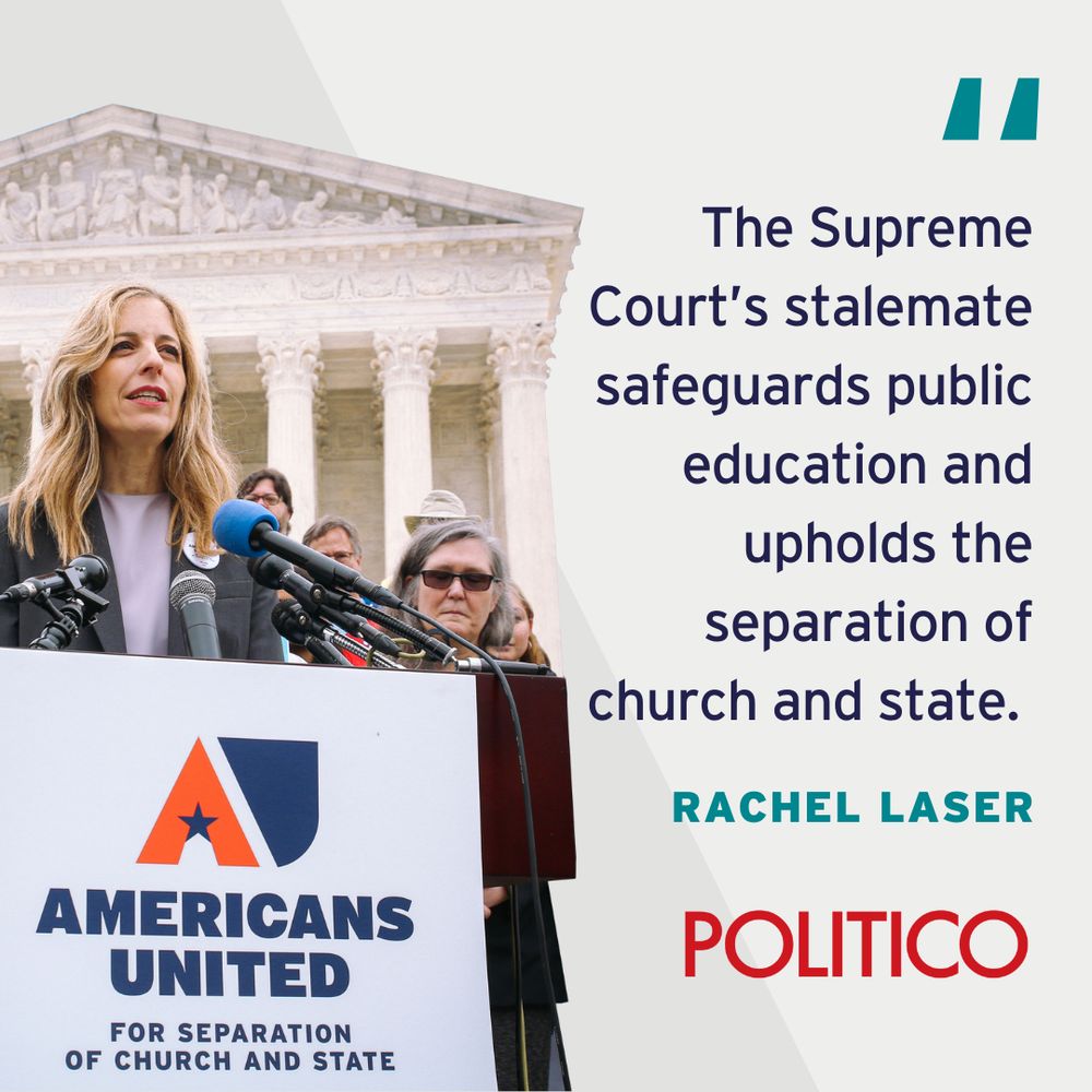 Rachel Laser standing behind a podium with the Americans United logo stating that the Supreme Court's stalemate safeguards public education and upholds the separation of church and state.