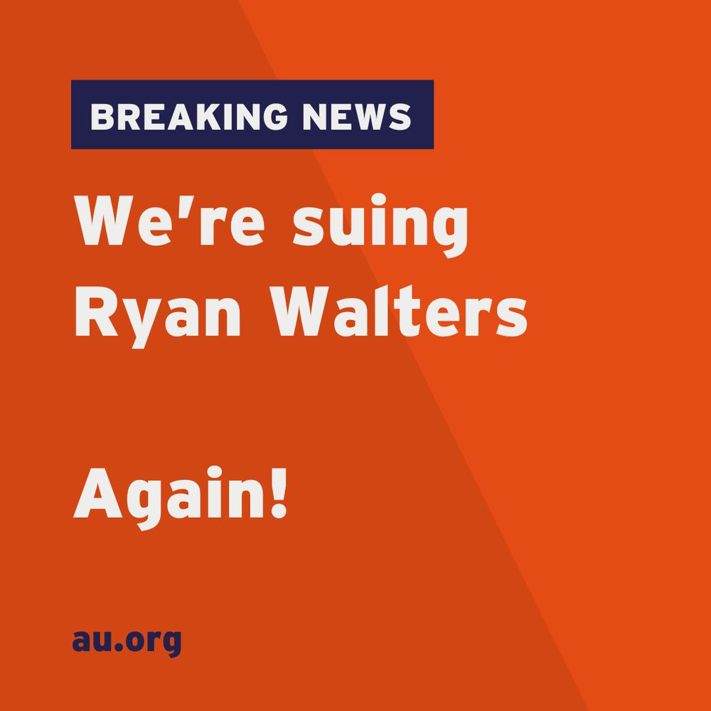 Breaking news banner announcing a lawsuit against Ryan Walters, hosted on au.org, set against an orange background.