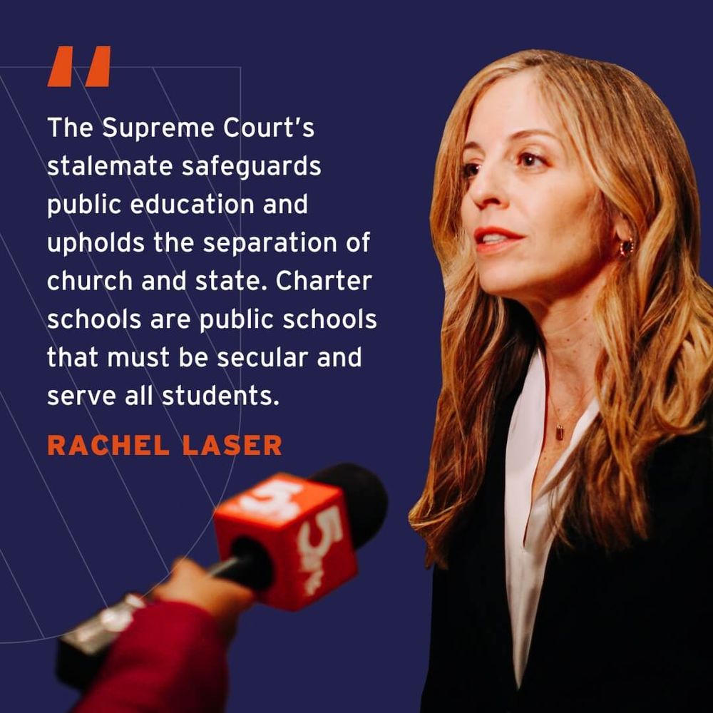 Breaking news graphic stating "Americans United applauds Supreme Court decision blocking nation's first religious public charter school and protecting church-state separation." Logo at bottom: au.org