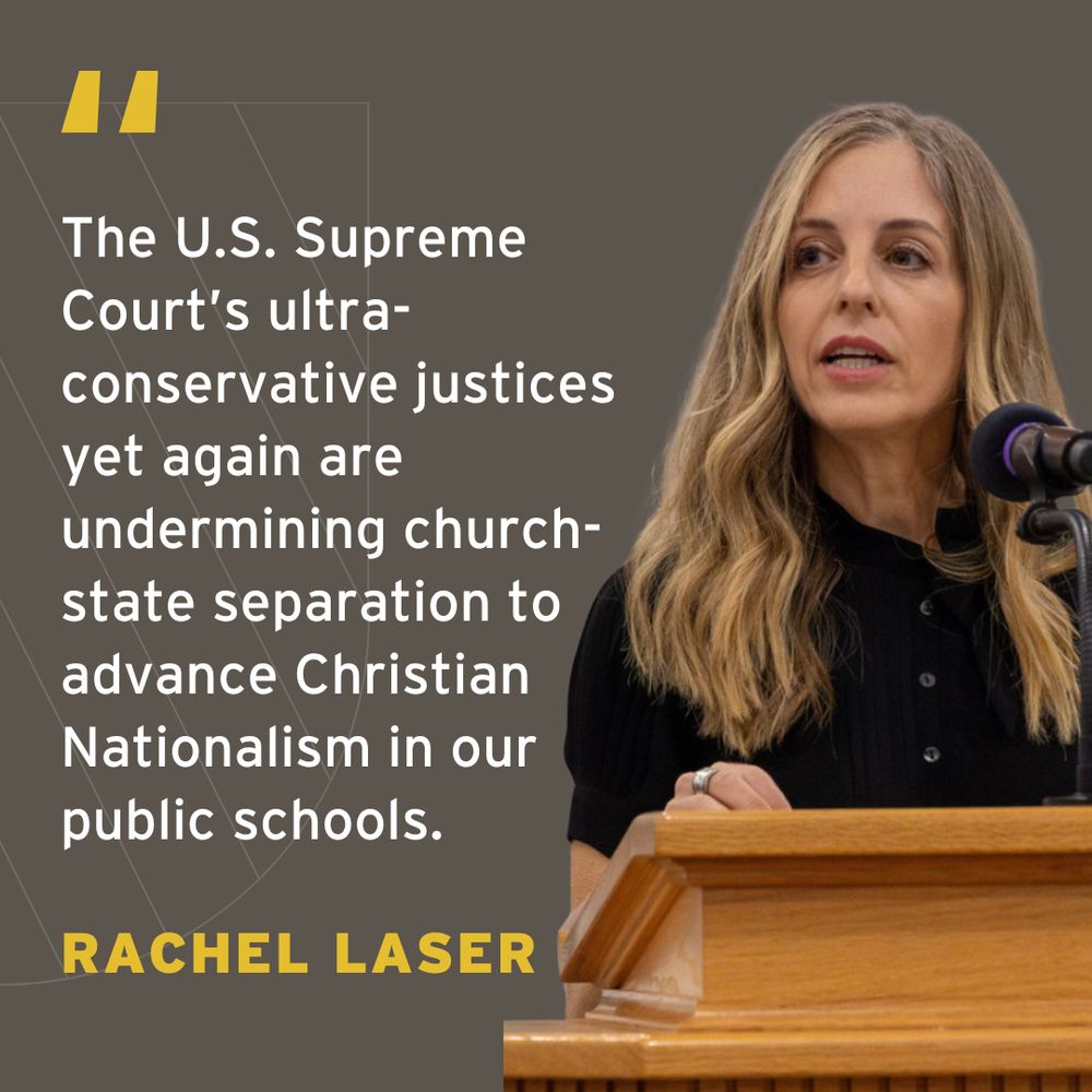 Rachel Laser speaks at a podium, expressing critique about the U.S. Supreme Court's justices and their impact on Christian nationalism.