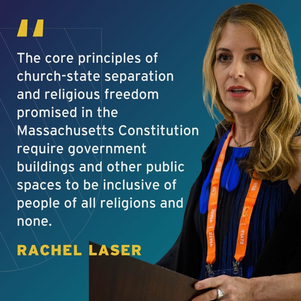 Rachel Laser speaking at a podium, discussing church-state separation and religious freedom, with a quote displayed.