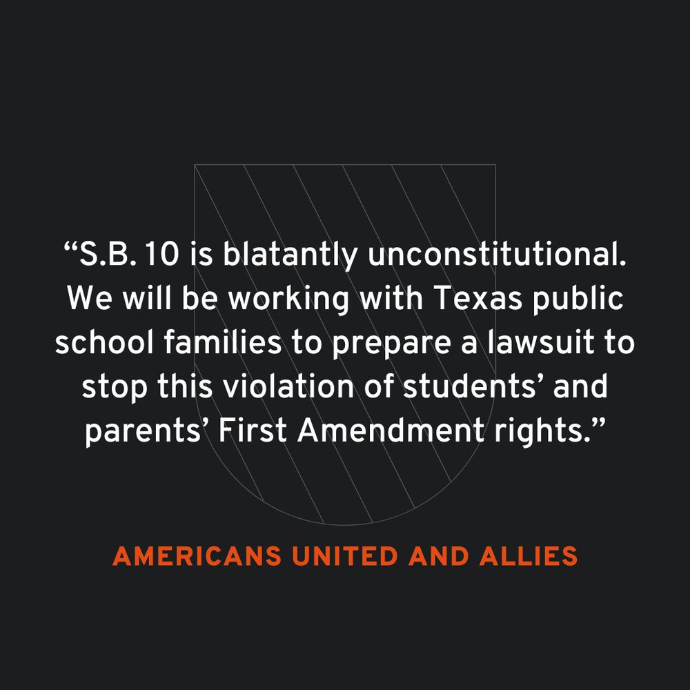 Graphic with text stating that Americans United is working with Texas public school families to prepare a lawsuit to protect students' First Amendment rights. The background is black with white and orange text encased in a hexagonal border.