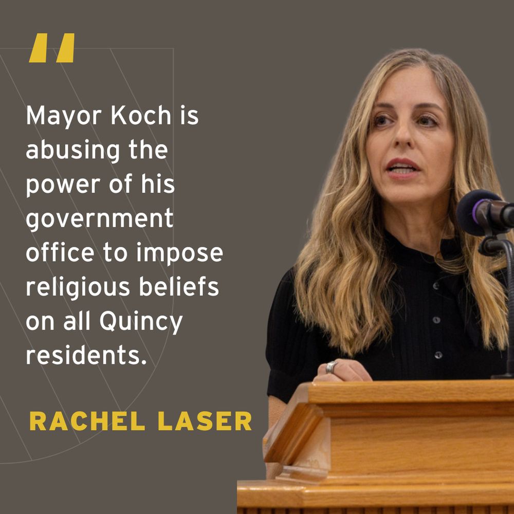 Rachel Laser stands at a podium delivering a speech, with a quote overlaid emphasizing a statement about Mayor Koch's government policies affecting Quincy residents.