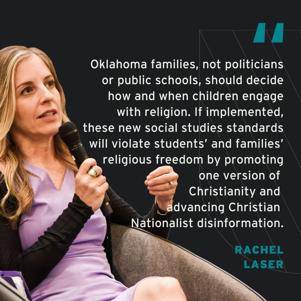 Rachel Laser presenting on a panel with a background quote about public schools and religious freedom in social studies, emphasizing the separation of church and state.