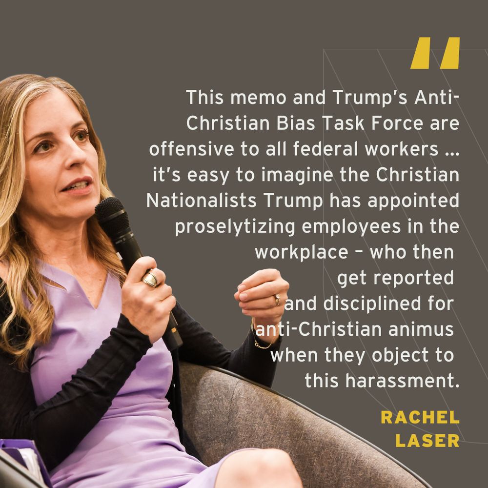Rachel Laser sits on stage, speaking and gesturing with one hand, with a quote about anti-Christian bias in the workplace displayed next to her.