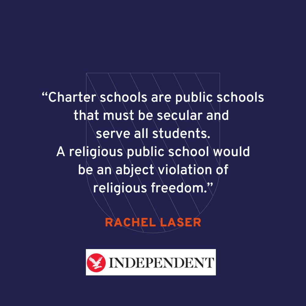 Quote by Rachel Laser on the importance of secular charter schools, stating that a religious public school would violate religious freedom, shared by The Independent.