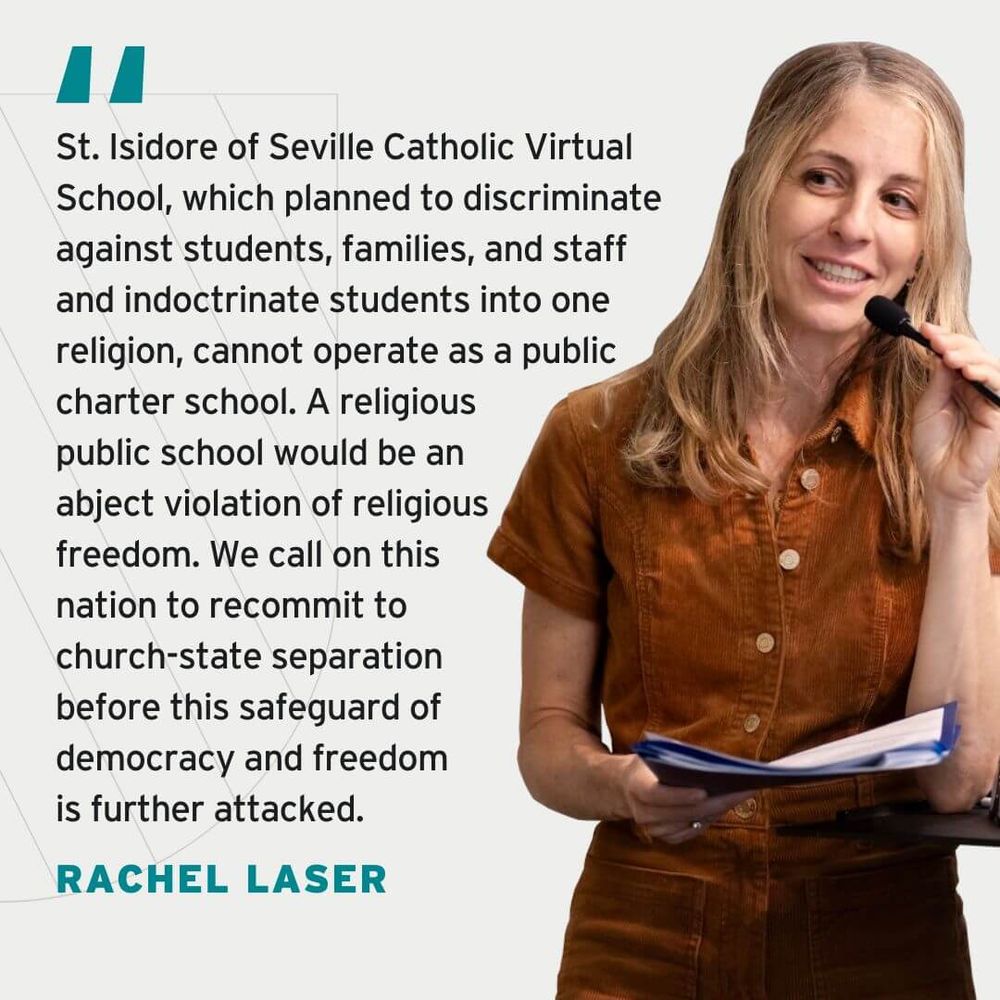 Rachel Lased advocating for the separation of church and state in education, holding papers and standing next to a quote from her about St. Isidore of Seville Catholic Virtual School.