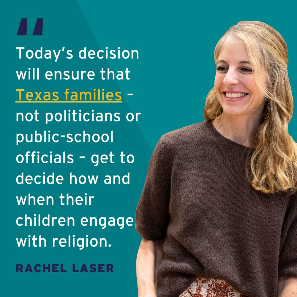 Rachel Laser smiles while a quote about a decision impacting Texas families and schools appears beside her.