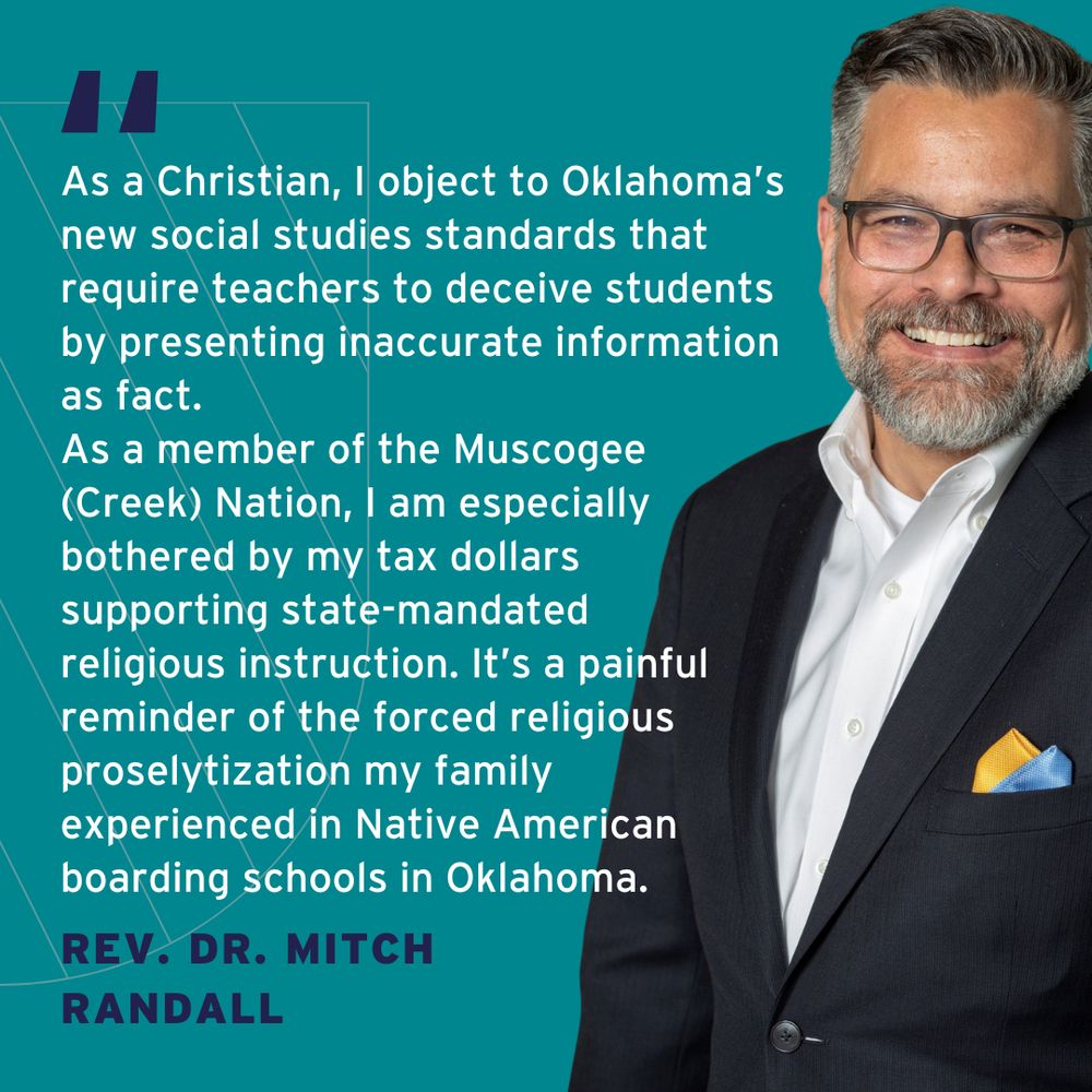 Image of Rev. Dr. Mitch Randall with a quote about his objections to Oklahoma's new social studies standards and the impact on Native American representation, specifically referencing the Muscogee (Creek) Nation.
