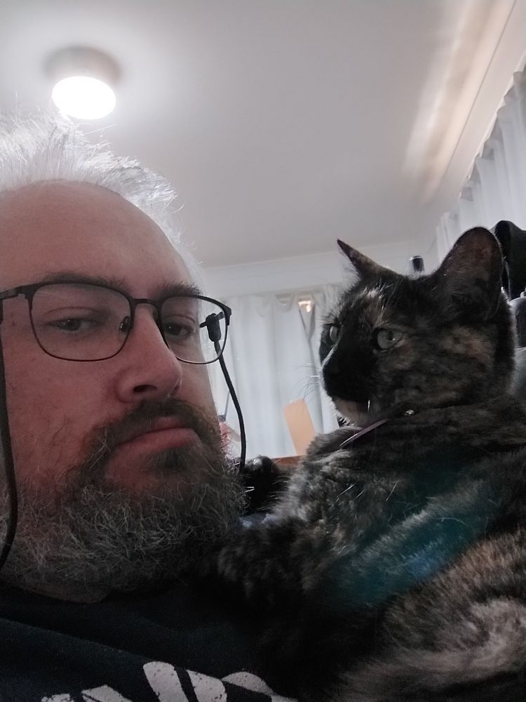 Man with grey hair and beard having cuddles with Tortoise shell tabby

