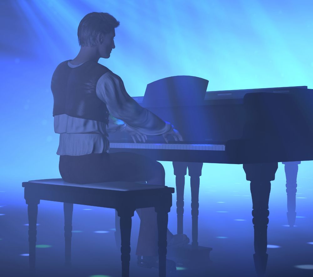 Man playing a piano in blue light