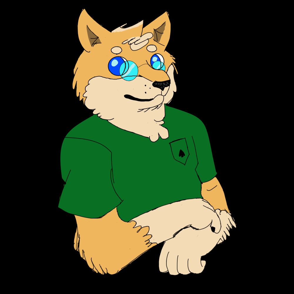That's me! Or, it's my fursona. A bipedal orange shiba, framed from the chest-up. He has blue eyes, a green shirt, and round glasses.