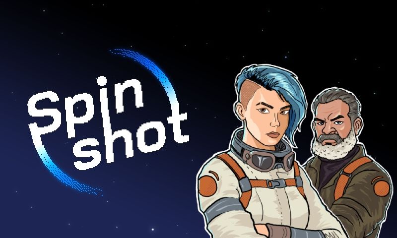 SpinShot for Playdate. Two pilots look towards you with their arms crossed. Stars are in the background.