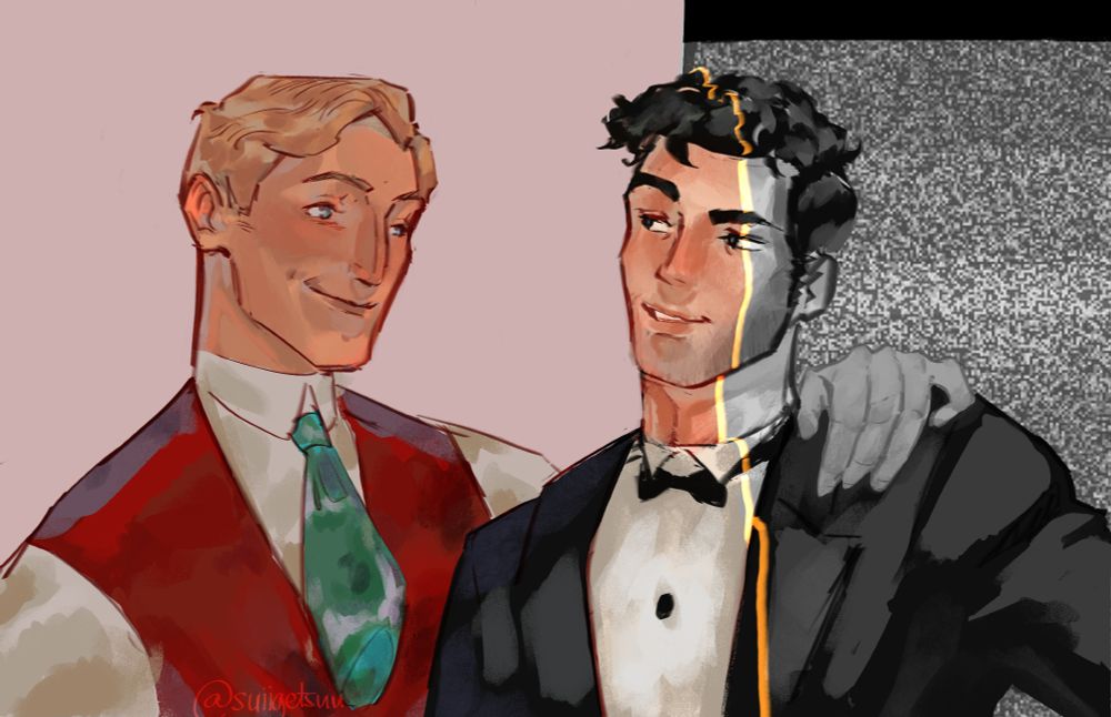 two men in suits befitting of the 1920s, smiling at each other. The blond on the left is @cenzi03's Johannes. He has a greek nose and a red waistcoat on, his arm is on @moriARTy's Fabian's shoulder pulling him out of a monochrome section of the screen. the monochromatic side is on the right, the background looking like TV static and half of fabian is still in black and white. Fabian has darker features and a five o'clock shadow.