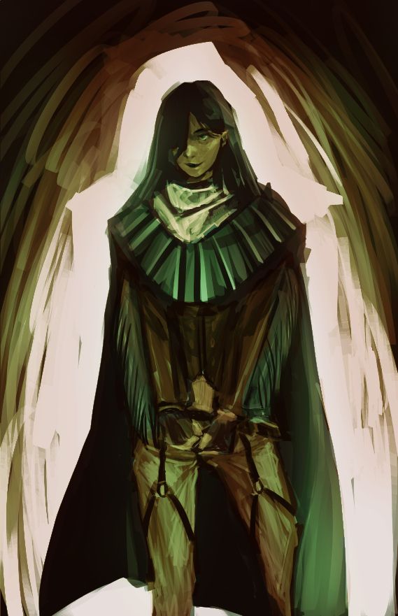 a woman with long black hair in cowboy attire, the tassels on her sleeve and poncho are emerald green. she stands at the entrance of a cave, her silhouette pronounced against the light behind her.