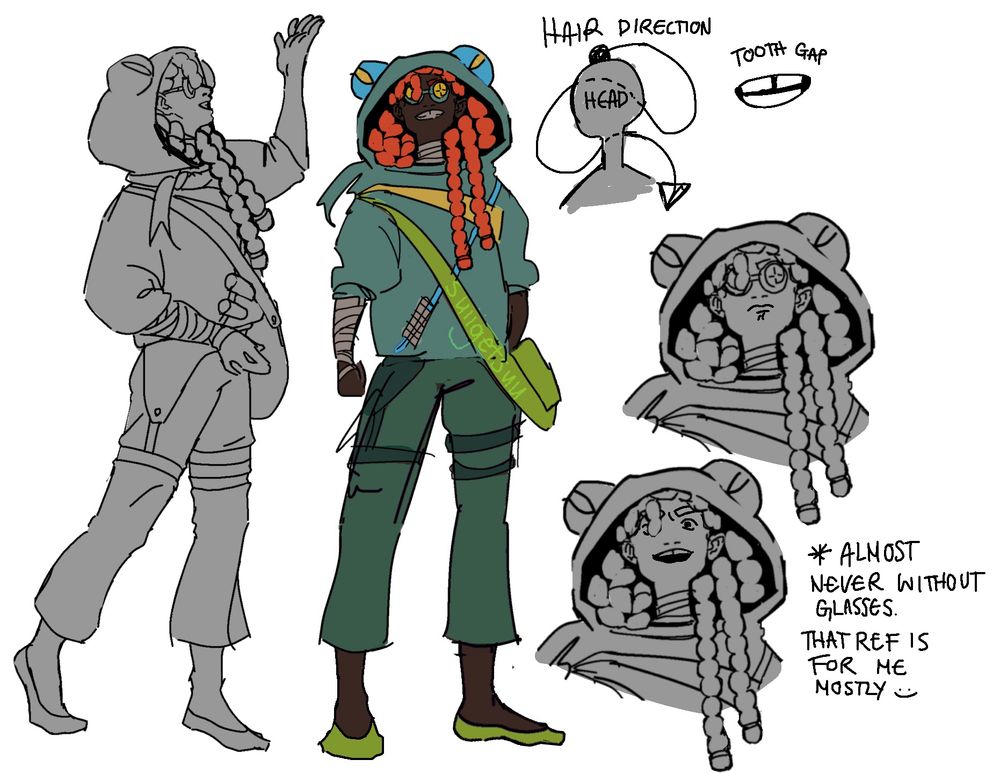 Frog based character design. The character is a young woman, her hair in two long locs that wrap and curl in her frog hood. She wears a green hoodie and trousers, a bag slung over her shoulder. She’s got dark skin and yellow-lens goggles, not to mention the bandages around her arm and neck. There’s a lot more to this design than I normally have…