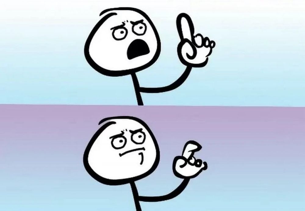 stick figure person holding a finger up to say “well, actually” in the first frame, but then deciding not to speak and lowering his finger in the second frame