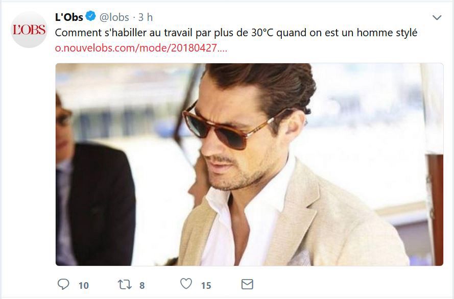 Screenshot d’un tweet de l’Obs : « Comment s’habiller au travail par plus de 30 degrés quand on est un homme stylé »