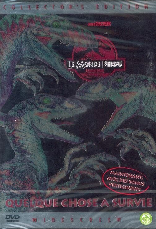 Jaquette d’une édition DVD belge du Monde Perdu de Spielberg avec la tagline « Quelque chose à survie » (sic)