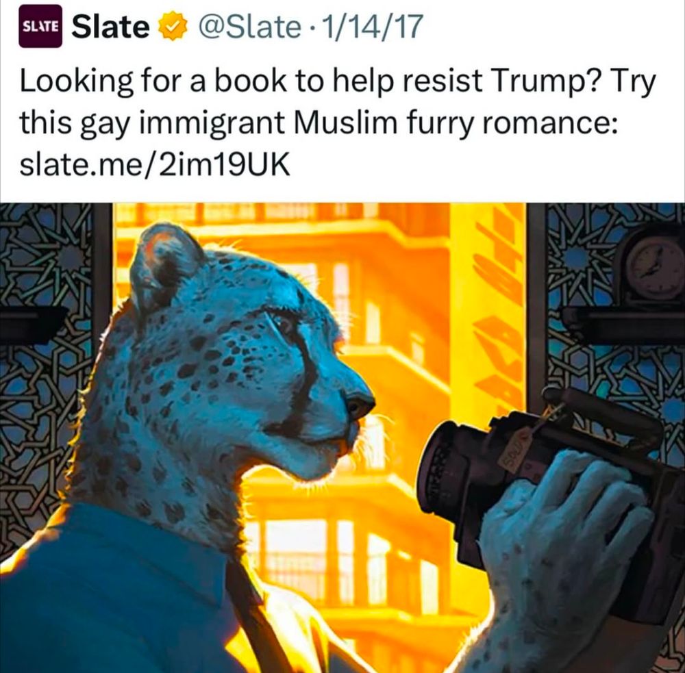 Cheetah in a shirt and tie, holding a video camera, blue lighting inside, orange lighting out the window, film noir aesthetic. "Looking for a book to help resist Trump? Try this gay immigrant Muslim furry romance: slate.me/2im19UK "