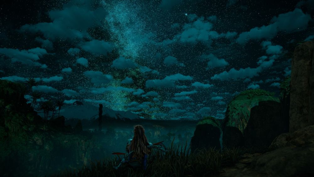 A screenshot from Horizon Zero Dawn: Aloy, looking out at a star filled sky