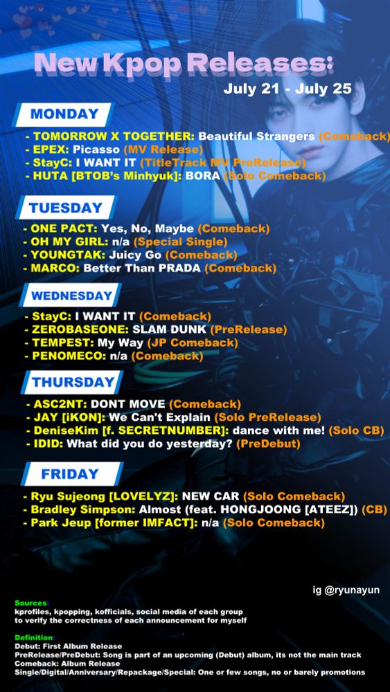 Mo 21
- TOMORROW X TOGETHER: Beautiful Strangers (CB)
- EPEX: Picasso (MV Release)
- StayC: I WANT IT (TitleTrack MV PreRelease)
- HUTA [BTOB’s Minhyuk]: BORA (Solo CB)

Di 22
- ONE PACT: Yes, No, Maybe (CB)
- OH MY GIRL (Single)
- YOUNGTAK: Juicy Go (CB)
- MARCO: Better Than PRADA (CB)

Mi 23
- StayC: I WANT IT (CB)
- ZEROBASEONE: SLAM DUNK (PreRelease)
- TEMPEST: My Way (JP CB)
- PENOMECO (CB)

Do 24
- ASC2NT: DONT MOVE (CB)
- JAY [iKON]: We Can’t Explain (Solo PreRelease)
- Denise Kim [former SECRET NUMBER]: dance with me! (Solo CB)
- IDID: What did you do yesterday? (PreDebut)

Fr 25
- Ryu Sujeong [LOVELYZ]: NEW CAR (Solo CB)
- Bradley Simpson: Almost (feat. HONGJOONG [ATEEZ]) (CB)
- Park Jeup [former IMFACT] (Solo CB)
