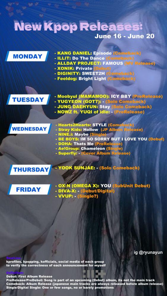Mo 16
- KANG DANIEL: Episode (CB)
- ILLIT: Do The Dance (CB)
- ALLDAY PROJECT: FAMOUS (MV)
- XONIK: Private (Debut)
- DIGINITY: SWEET2H (CB)
- Feeldog: Bright Light (CB)


Di 17
- Moobyul (MAMAMOO): ICY BBY (Pre)
- YUGYEON (GOT7): Shall We Dance | Interlunar (Solo CB)
- JUNG DAEHYUN: Stay (Solo CB)
- NOWZ ft. YUQI of idle (Pre)

Mi 18
- Hearts2Hearts: STYLE (CB)
- Stray Kids: Hollow (JP Comeback)
- NINE.i: Maybe (Single)
- BE BOYS: IM SO SORRY BUT I LOVE YOU (Debut)
- DOHA: Thats Me (Pre)
- Ae!Group: Chameleon (Single)
- Superfly (Cover-Album)

Do 19
- YOOK SUNJAE (Solo CB)

Fr 20
- OX:N (OMEGA X): YOU (Sub-Unit Debut)
- DIVA-X (Debut/Digital)
- VVUP (Single?)

