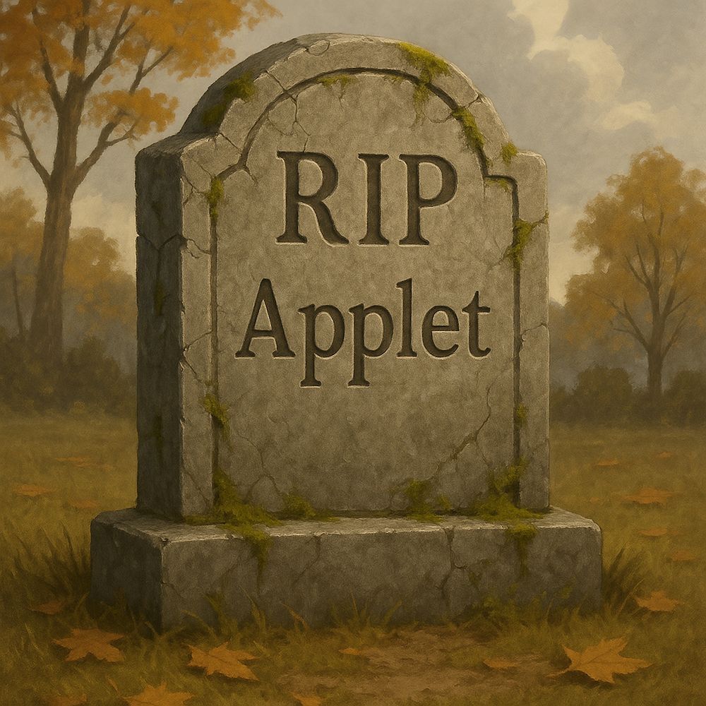 Thombstone with "RIP Applet" written on it.
