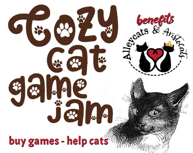 Promotional graphic for the cozy cat game jam benefiting Alleycats & Aristocats. It features a sassy black and white vintage cat giving you side eye. 