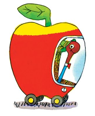 A red apple with a yellow top and a green leaf at the top center is made into a car by a brown worm wearing a green hat, red bowtie, and blue shirt.