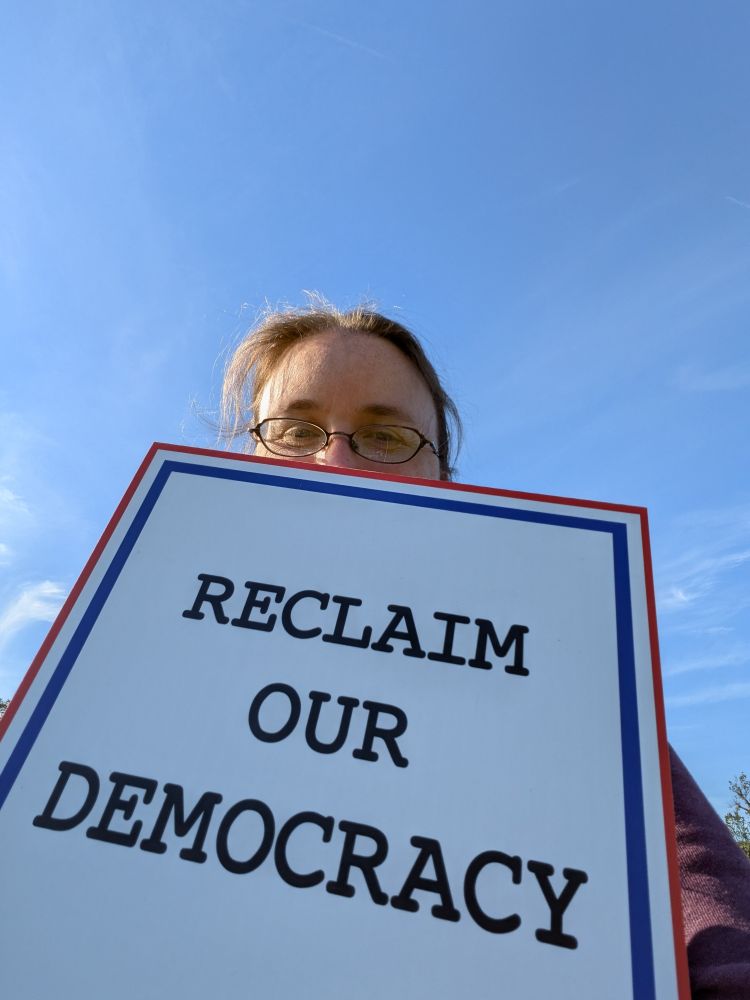 Your reliable narrator peaks out from above a sign that says reclaim our democracy