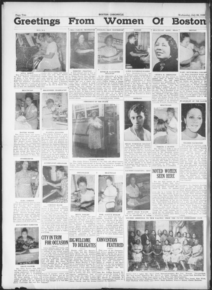 The left side of a two page spread in a Boston newspaper showing images and blurbs of Black Boston female club members. 