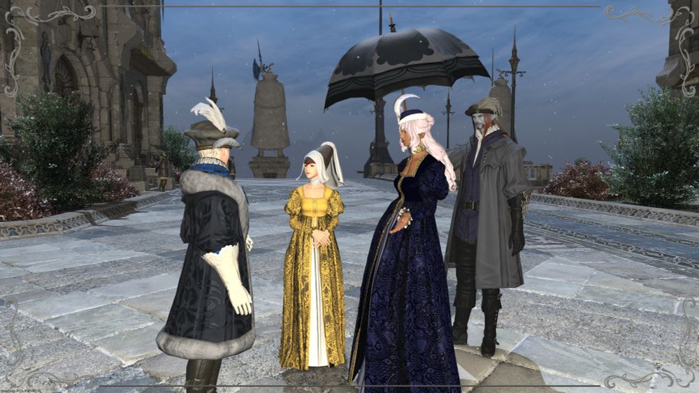 Lady Trivionne speaks to fellow nobles whilst her manservant Aulmeric holds a parasol over her to shield her from the gentle snow. 