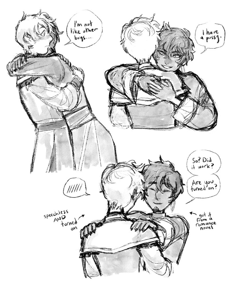 a flirty little exchange between anduin and wrathion ( wranduin ) from world of warcraft

in the first drawing, wrathion hugs anduin, pressing his body up against him. he tells him, "I'm not like other boys..."

in the second drawing, wrathion still has his arms around anduin. he continues on to say, "I have a pussy." wrathion is a trans man.

in the third drawing, wrathion leans back with his hands on anduin's shoulders with a grin. he says, "so? did it work? are you turned on?" while anduin blushes madly.

there's an arrow pointing to wrathion, with text that reads, 'got it from a romance novel.'

another arrow points to anduin, with text that reads, 'speechless AND turned on.'