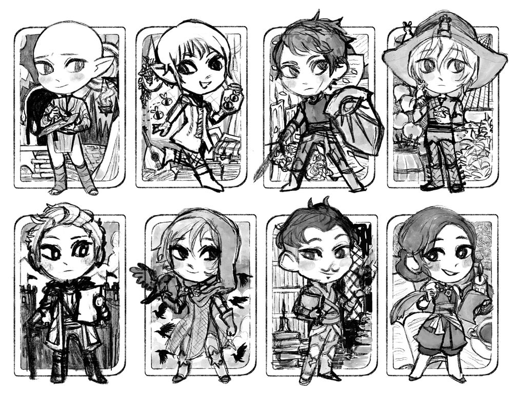 sketches of dragon age inquisition charms with a tarot card theme, of solas, sera, cassandra, cole, cullen, leliana, dorian and josephine