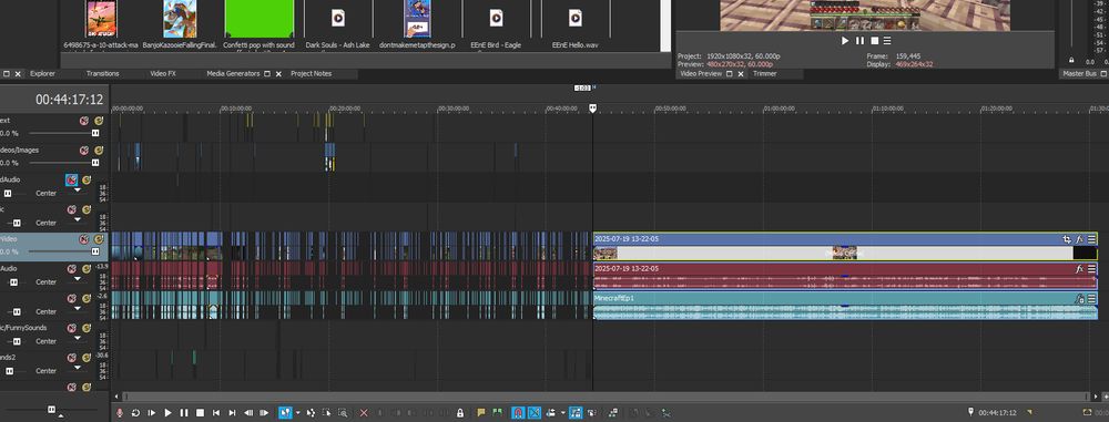 Screenshot of SonyVegas timeline with cuts through half of a video