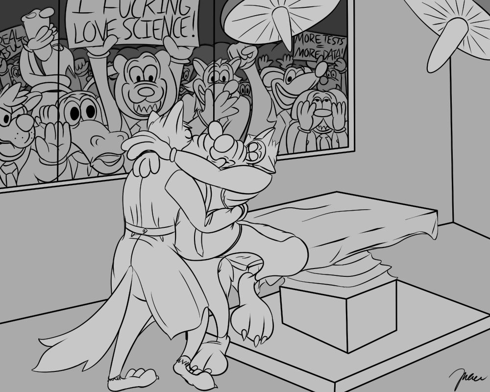 Toon wolves making out in lab coats in a surgical gallery while all the onlooking doctors hoot and holler and hold up signs that say things like "I fucking love science!"