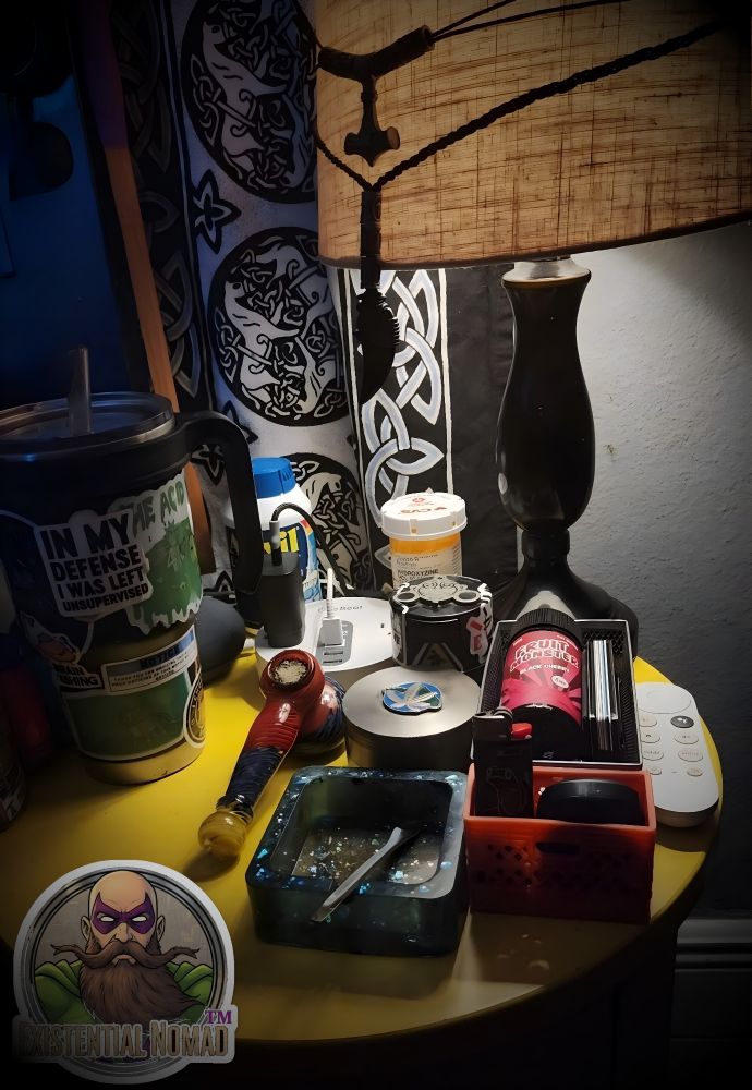 ​This is a candid, warmly-lit photograph of a cluttered, circular yellow night-table, likely positioned next to a bed. The primary light source is a table lamp on the right, which has a dark, turned base and a beige, textured lampshade. A decorative black silhouette of a Mjolnir pendant hangs from the lamp's shade, casting a distinct shadow.
​The tabletop is crowded with an assortment of personal items, suggesting a lived-in space. In the foreground, there is a square, dark resin ashtray filled with iridescent blue and green glitter, containing a single metal poker tool. To its left is a glass-blown pipe with a translucent, reddish-pink bowl and a stem decorated with blue, yellow, and white swirls.
​Behind the ashtray sits a small, red plastic milk crate-style organizer. It holds a black lighter, a small black case resembling one for wireless earbuds, and a bottle of Fruit Monster Black Cherry vape liquid. Next to this is a multi-piece metallic herb grinder with a blue and silver circular logo on its lid.
​Further back, a standard amber-colored prescription pill bottle with a white cap is visible. A white circular power strip is centrally located, powering various unseen devices. To the left, a large, black insulated tumbler with a black lid and straw is covered in stickers; the most prominent one is green, featuring a cartoon acid vat and another with the words, "IN MY DEFENSE I WAS LEFT UNSUPERVISED." On the far right of the table rests a simple white remote control for GoogleTV.
​The background is dominated by a fabric wall hanging featuring a bold pattern of white Celtic knotwork—including triquetras and interlocking dragons—on a black field. The overall scene has a cozy, intimate, and highly personalized atmosphere. A circular logo for "Existential Nomad" is watermarked in the bottom-left corner. 