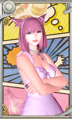 Charakter aus Final Fantasy 14 Online. Eine junge Frau mit rosa Haaren, Katzenohren, weißem Haarreif, weißen Ohrringen, weißem Südsee-Kleid und einer weißen mittellangen Kette. Steht mit verschränkten Armen und lächelndem Gesicht vor einem Comic-Stripe.