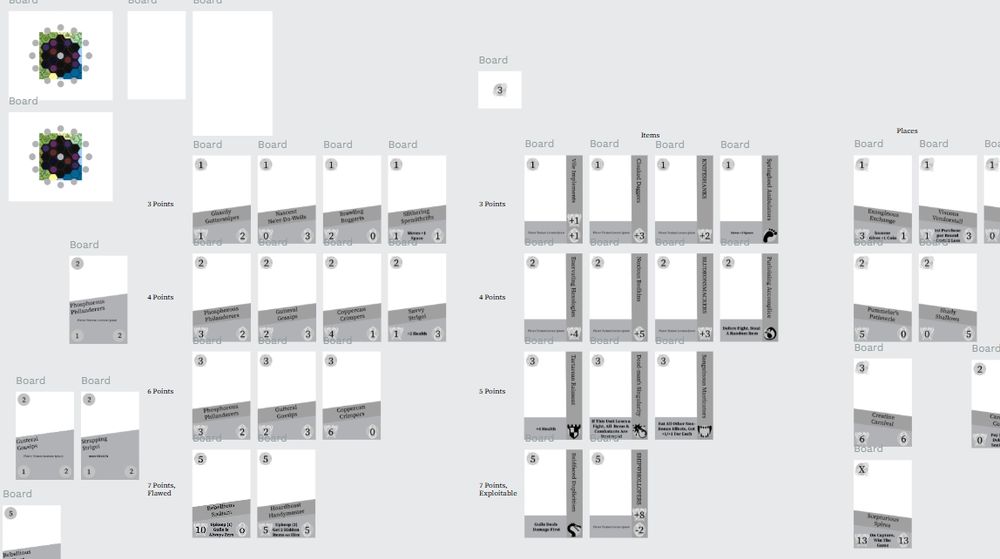 A foetid design board, unique card frames for each card type, custom icons, board design maths, the depths of this accursed city consume me and so the act of creation brings new light to echoing accursed alleyways
