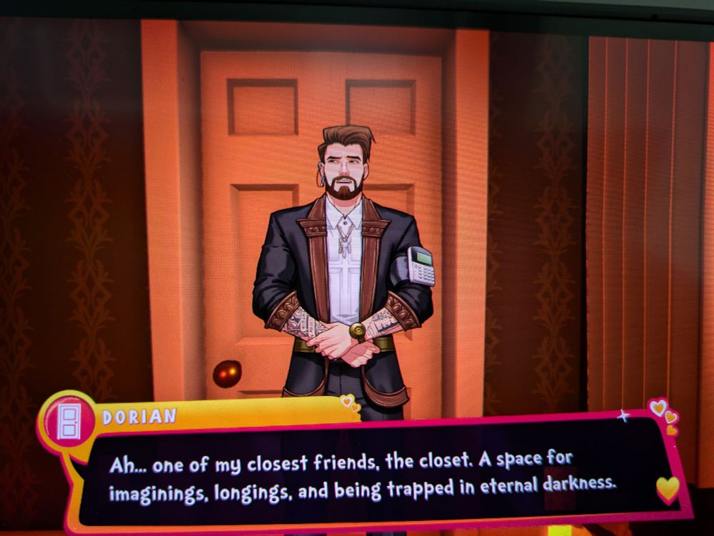 Dorian from Date Everything saying ' Ah... One of my closest friends, the closet. A space for imaginings, longings, and being trapped in eternal darkness.
