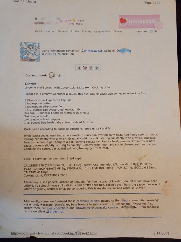 A live journal recipe for linguini gorgonzola from 2004 that I printed out in 2007