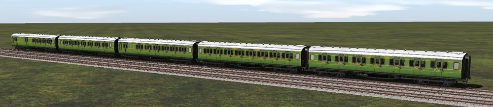 SR maunsell express coaches in trainz 2019. In order, brake 3rd, composite, brake composite, third, first.