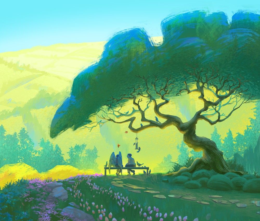 A digital painting of an angel and man sitting on a bench together with birds and a bird feeder around them. A giant tree shades them as they sit with their backs turned to the viewer. Surrounding them is a lush garden and rolling hills beyond them.