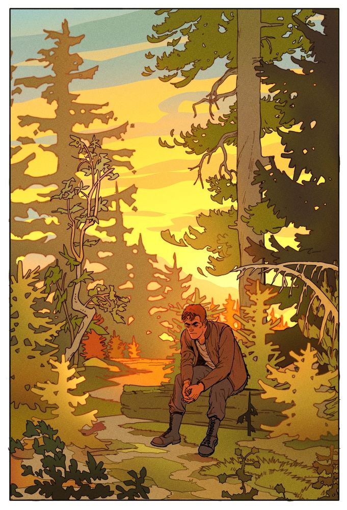 A digital drawing of a man sitting on a log amidst a dense pine forest at sunset. The warm light of the sun shines behind him lighting up a portion of the woods.