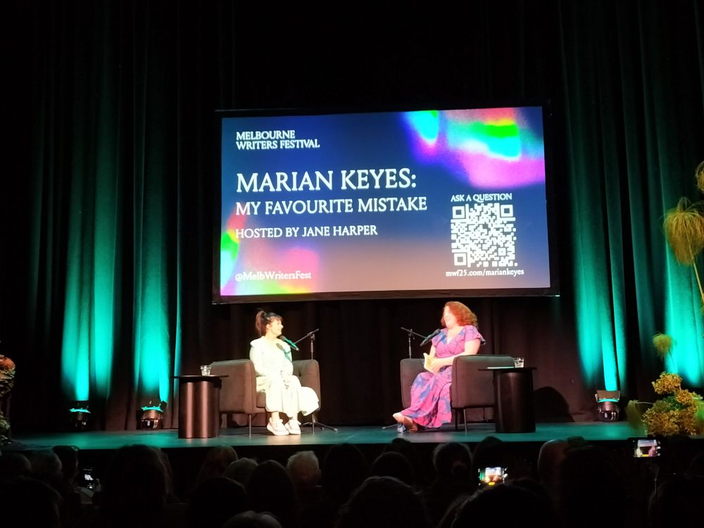 Author Marian Keyes in conversation with Jane Harper on stage at the Melbourne Writers Festival, Athenaeum Theatre.