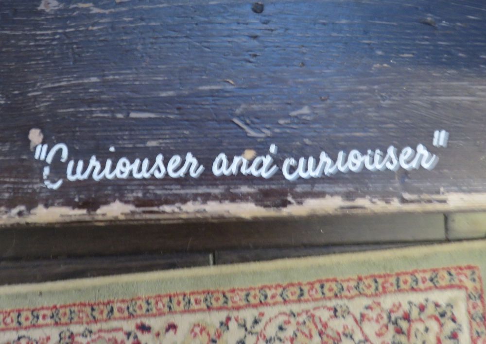"Curiouser and curiouser" written on a wooden step next to the edge of a rug