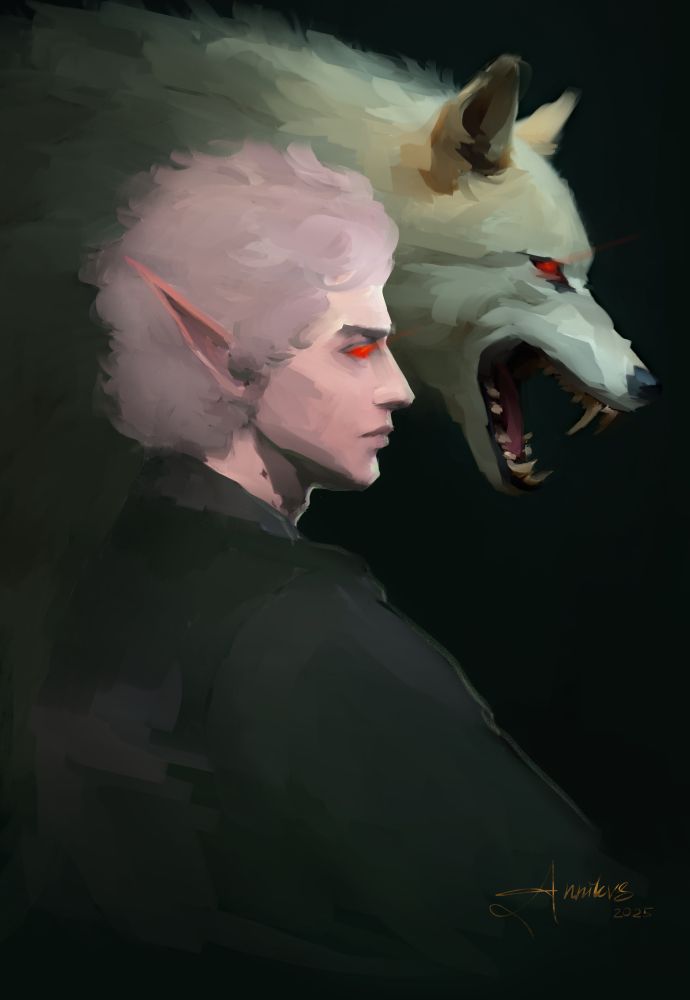 Astarion from Baldur's Gate 3 in profile, with pale skin, red eyes and pointed ears. Behind him is a white wolf with scarlet eyes, grinning in a vicious snarl. Deep shadows, dark background and mystical atmosphere