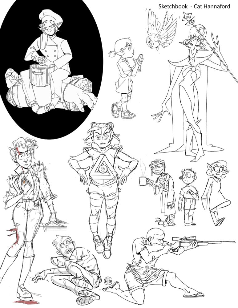 A various digital sketchbook page of some rough and lined illustrations compiled together of various characters. 