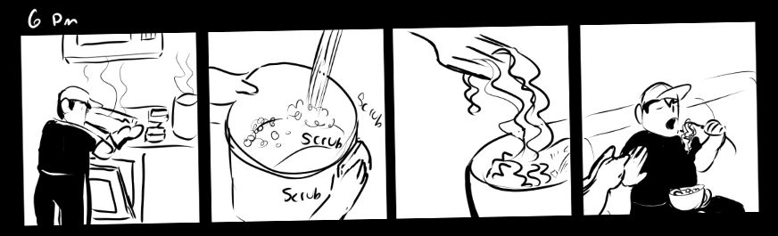 4 panel comic. The first is receiving a tray from the oven. The second is washing a large pot. The third is using a fork to pick up noodles from a bowl.
The fourth is me sitting on the couch, eating with one hand while holding my cat at bay with the other